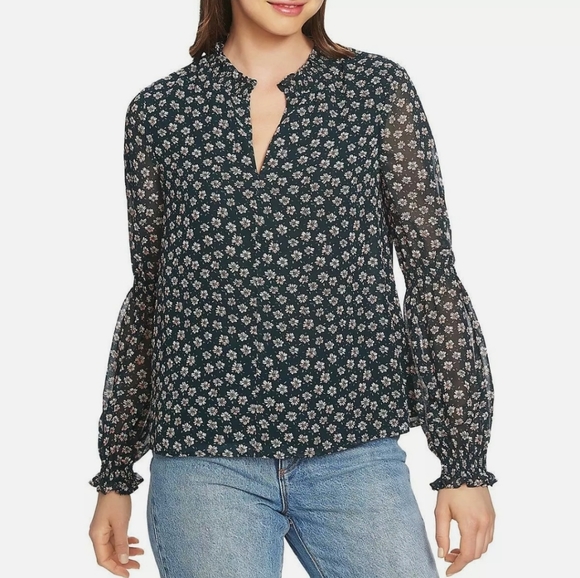 1. State Tops - 1. State Green Floral V-Neck Long Sleeve Blouse Size Small